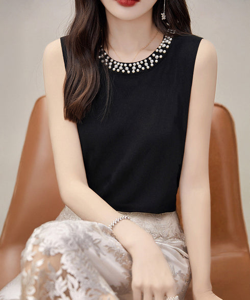 パール付きトップスノースリーブニット夏服 袖なしサマーニットレディース インナートップスきれいめ プルオーバーニットシンプルおしゃれ オフィスカジュアル トップス 2XIAOLL-001